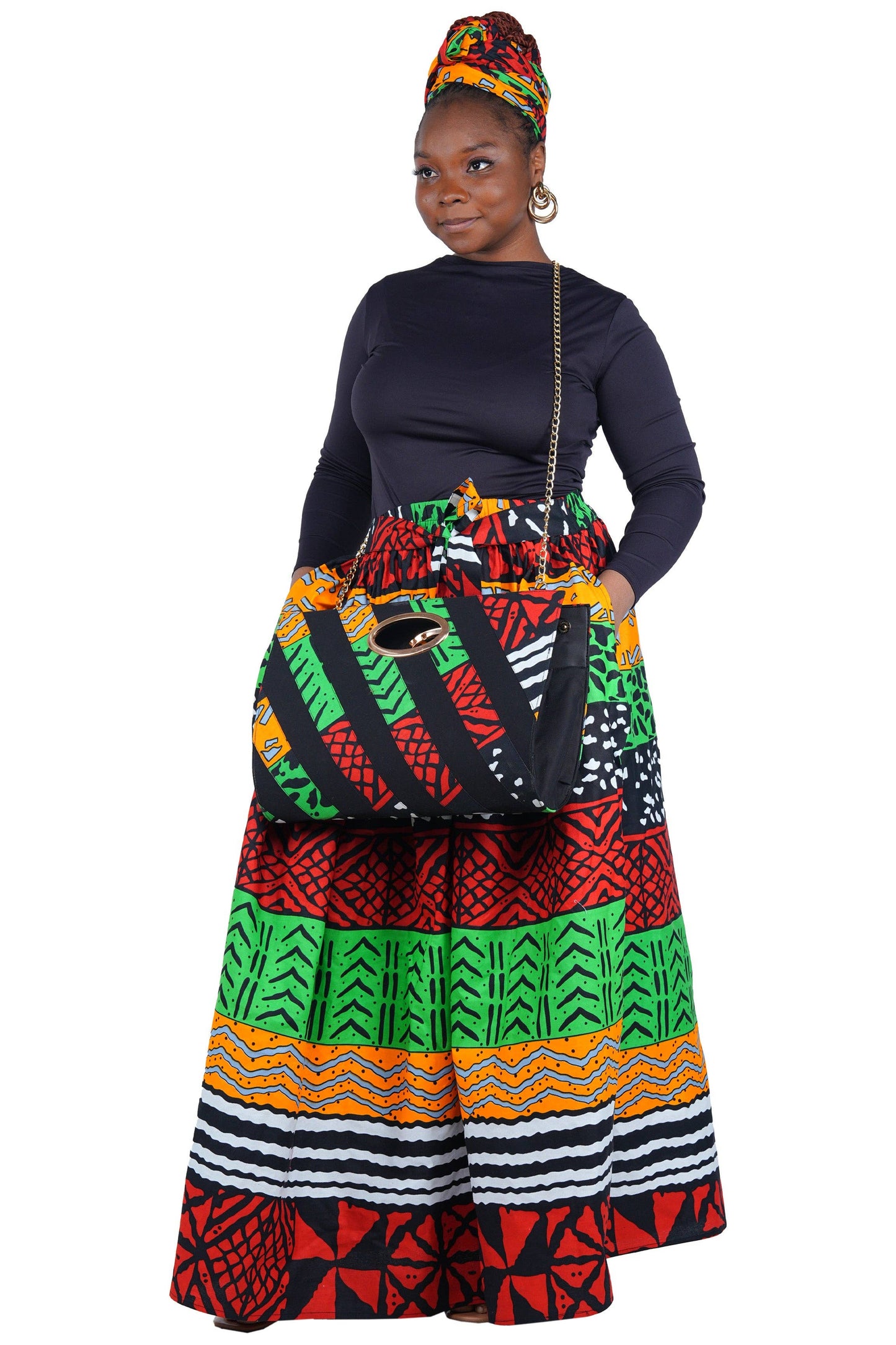 African Long Maxi Skirt, Handbag and Head Wrap Set