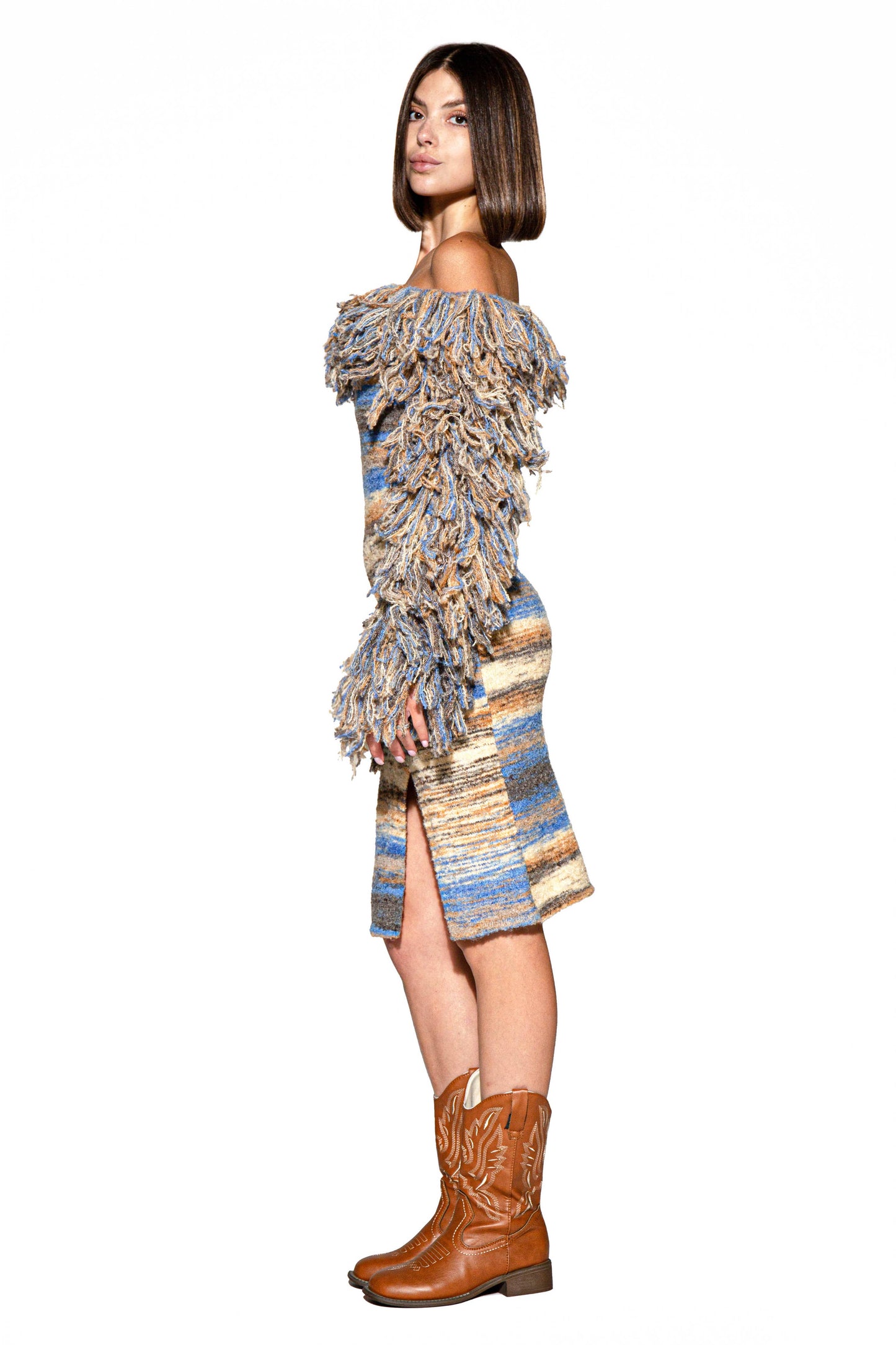 Fringe Horizon Knit Off-Shoulder Midi Sweater Dress
