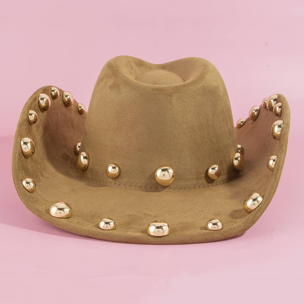 Gold Studded Brim Faux Suede Cowboy Hat