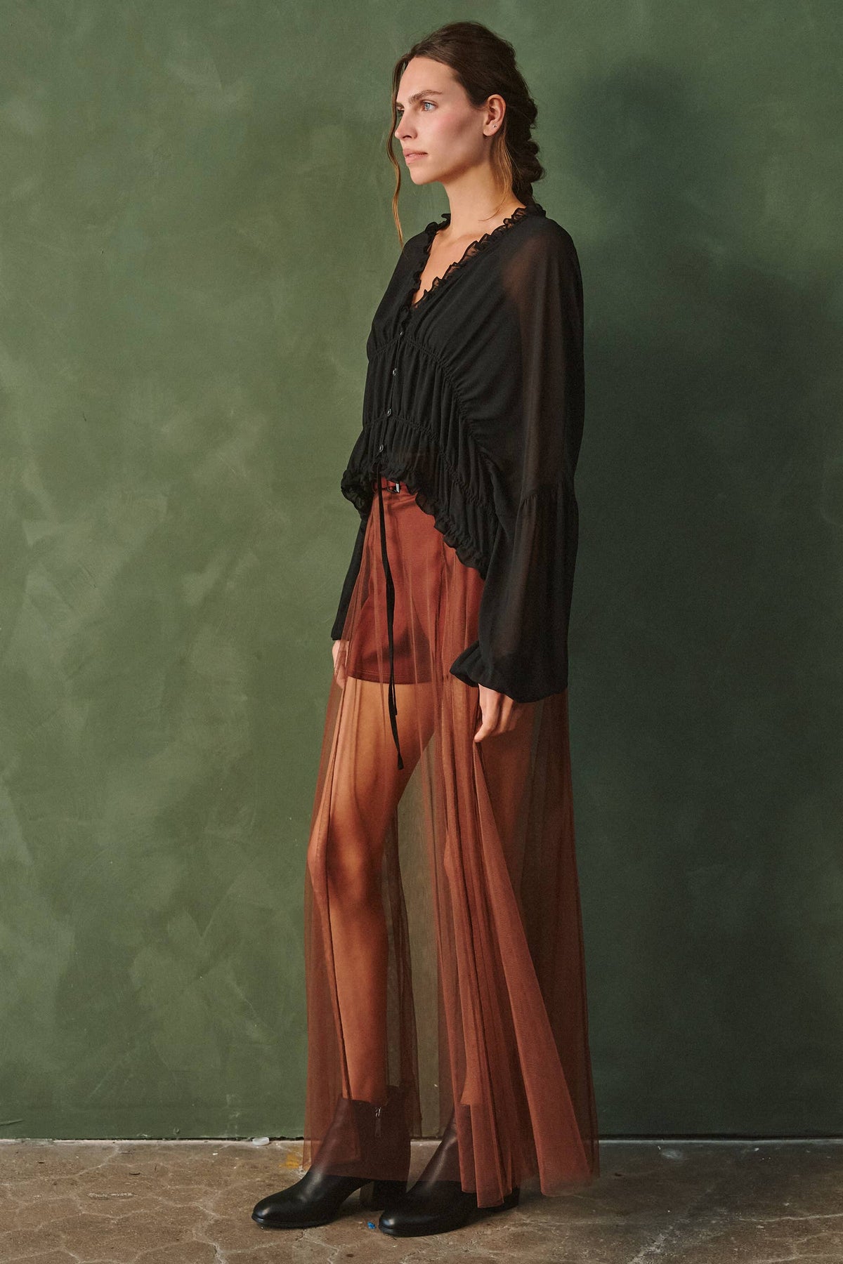 Belted Mesh Overlay Maxi Skirt Shorts