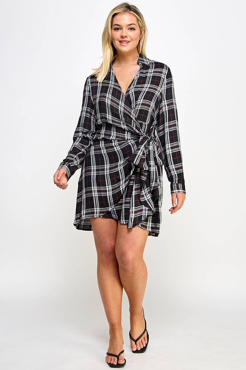 Plus Long Sleeve Plaid Side Tie Dress