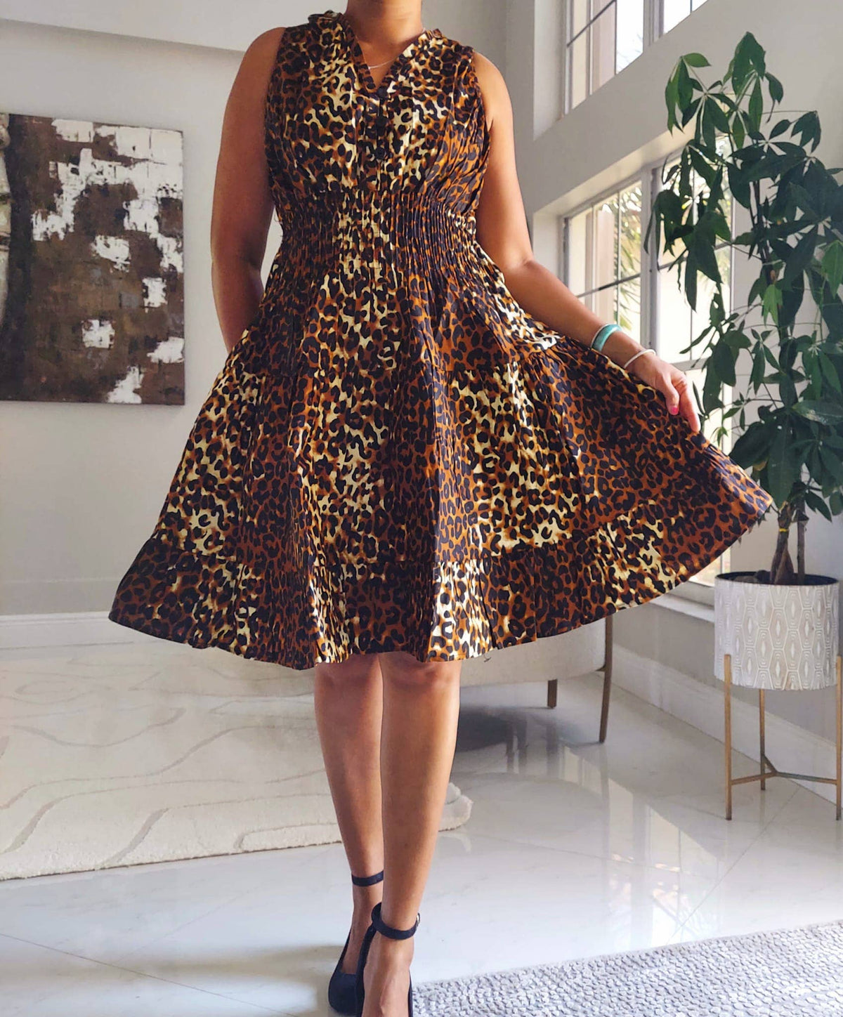 Leopard Print Woman's Mid-Length Smock Dress With Scarf