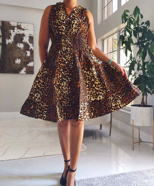 Leopard Print Woman's Mid-Length Smock Dress With Scarf