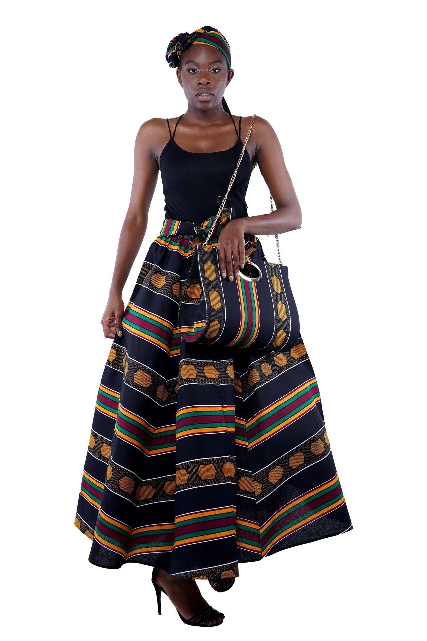 African Long Maxi Skirt, Handbag and Head Wrap Set Black Red Green Yellow