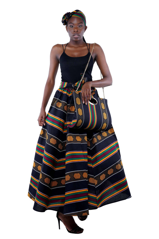 African Long Maxi Skirt, Handbag and Head Wrap Set Black Red Green Yellow