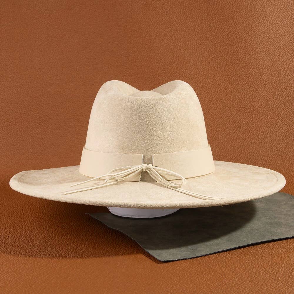 Ivory Western Studded Strap Faux Suede Fedora Hat