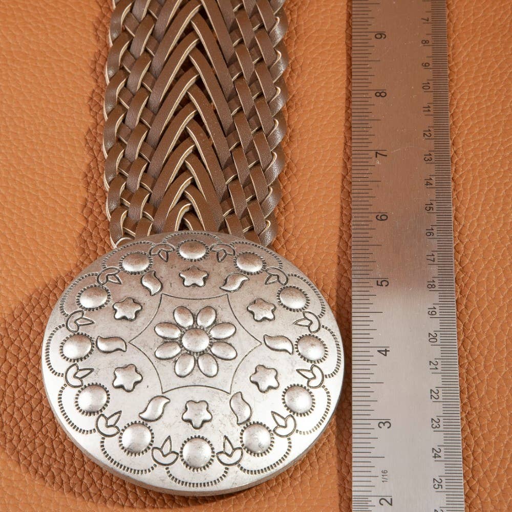 Brown Braided Vegan Leather Floral Concho Belt