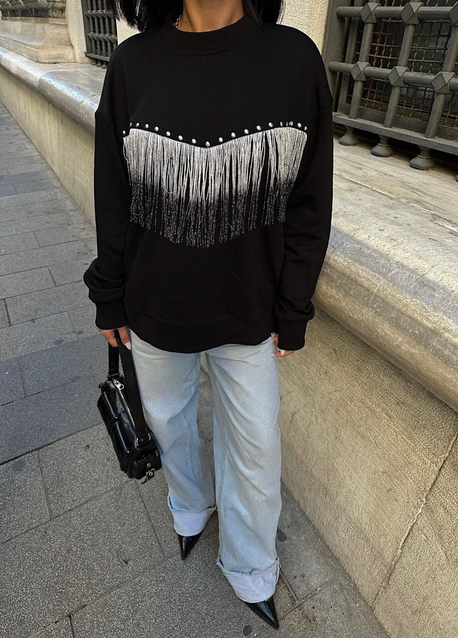 Black Tassel Detailed Sweatshirt