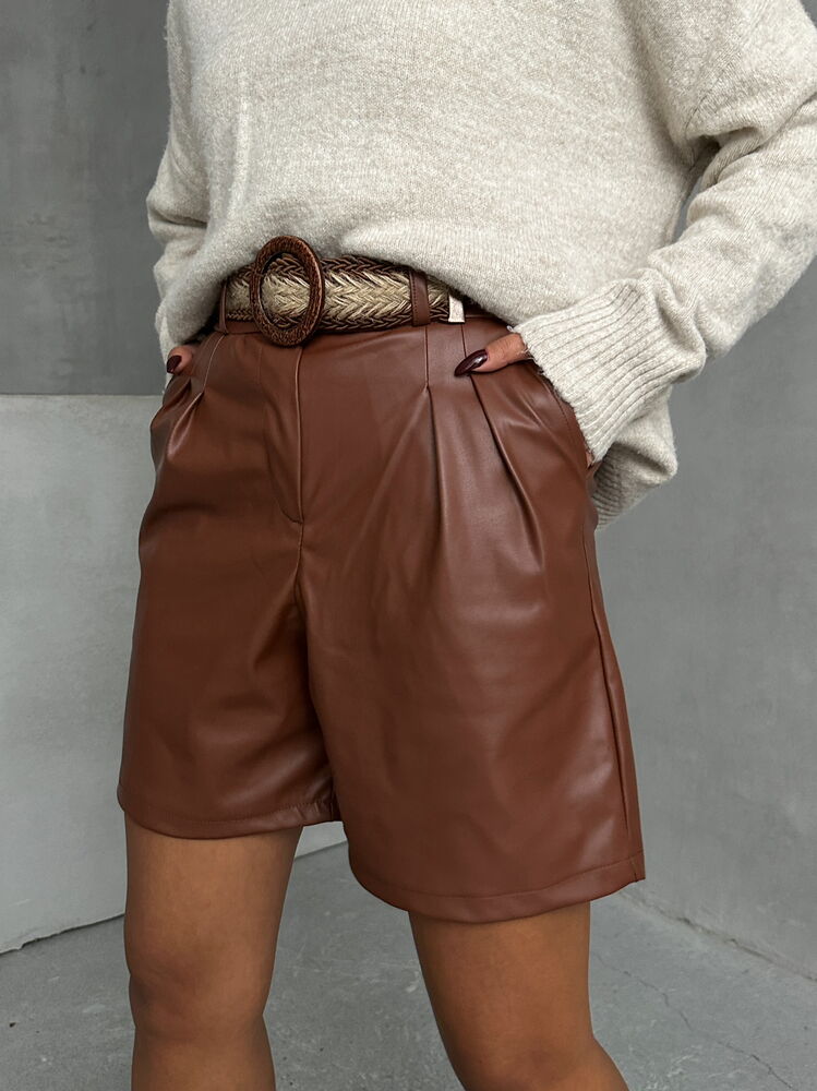 Tan Belted Vegan Leather Shorts