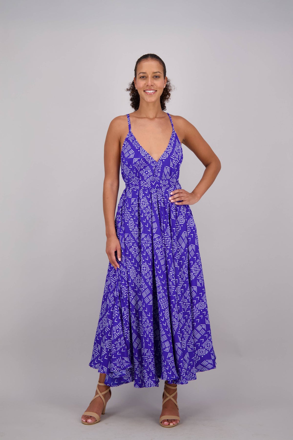 Blue Tribal Print Maxi Silk Blend Dress