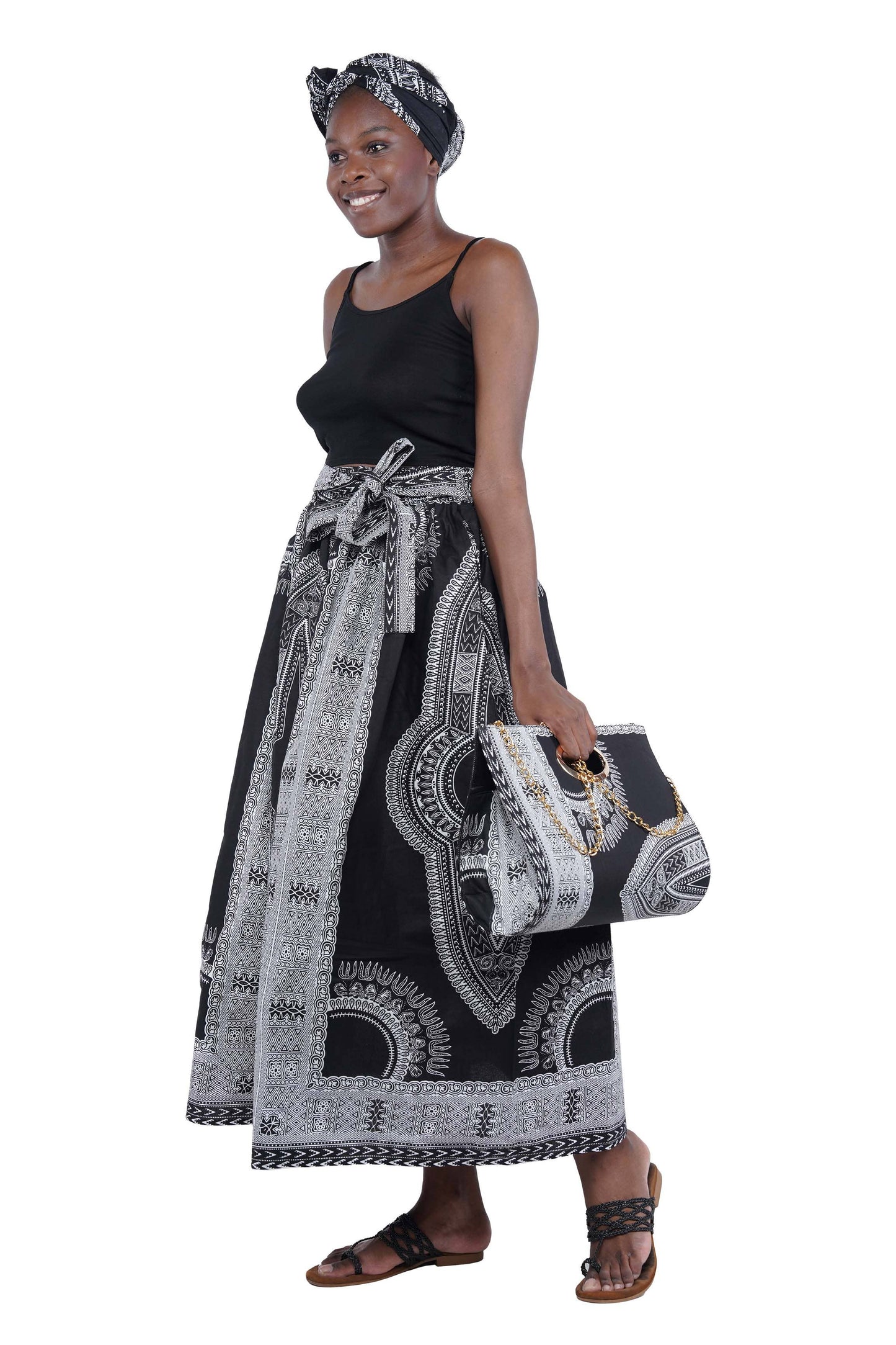 Black White Dashiki Long Maxi Skirt, Handbag and Headwrap Set