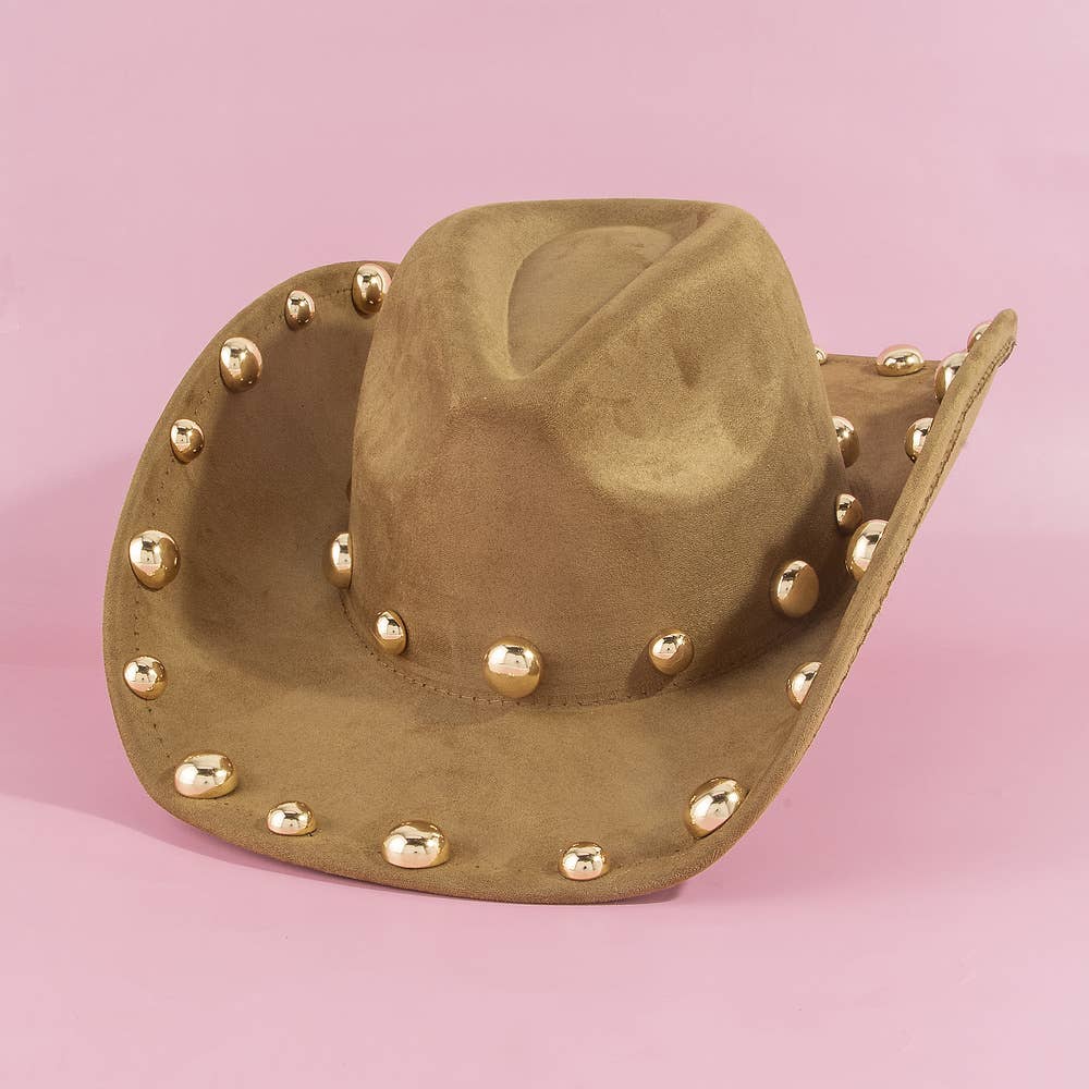 Gold Studded Brim Faux Suede Cowboy Hat