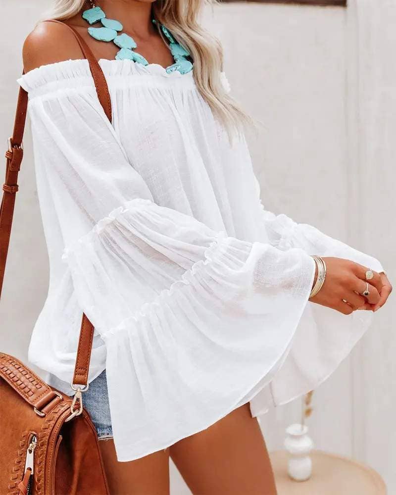 White Off Shoulder Bell Sleeve Top