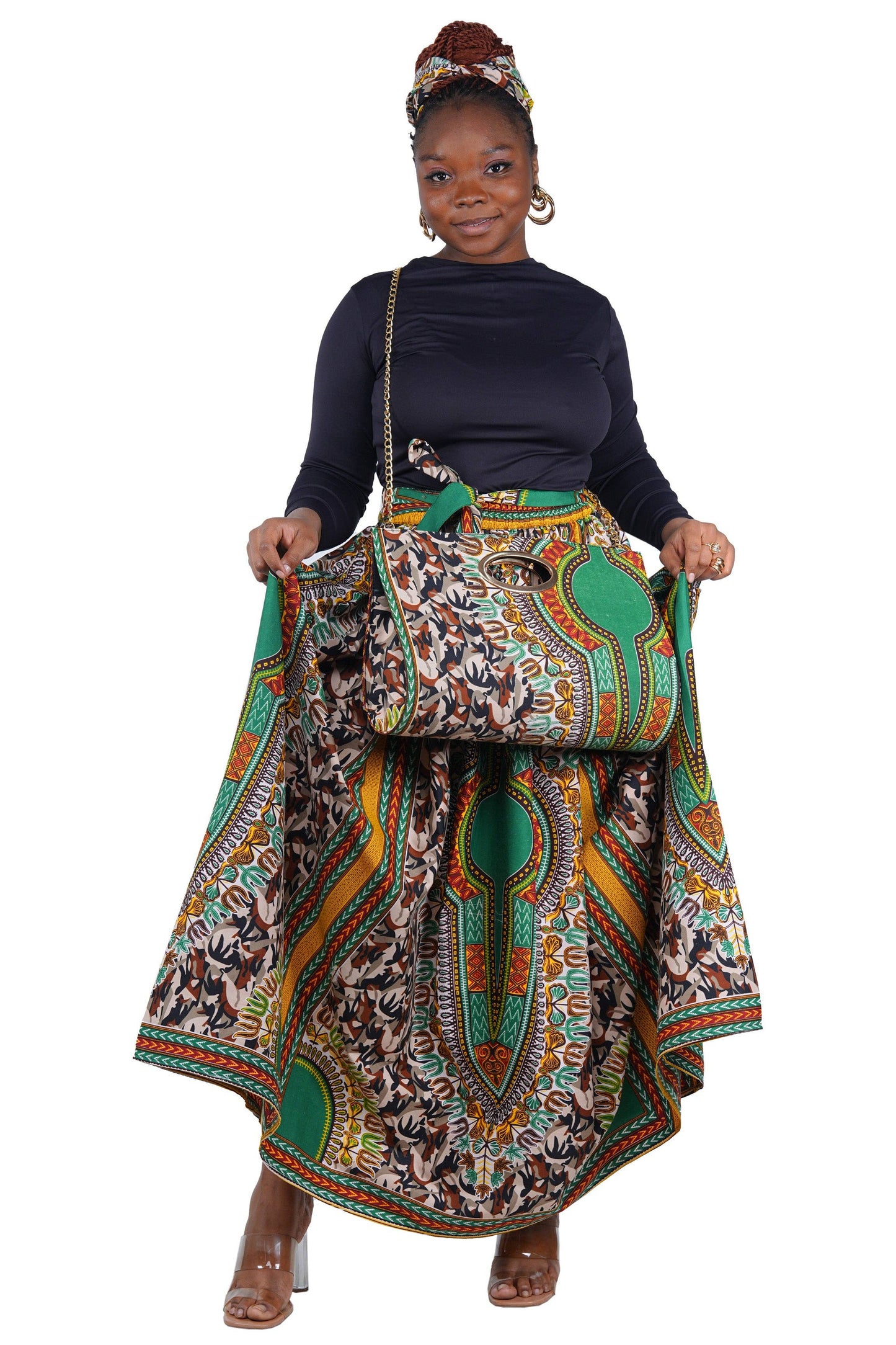 Dashiki Camouflage Long Maxi Skirt, Handbag and Headwrap Set