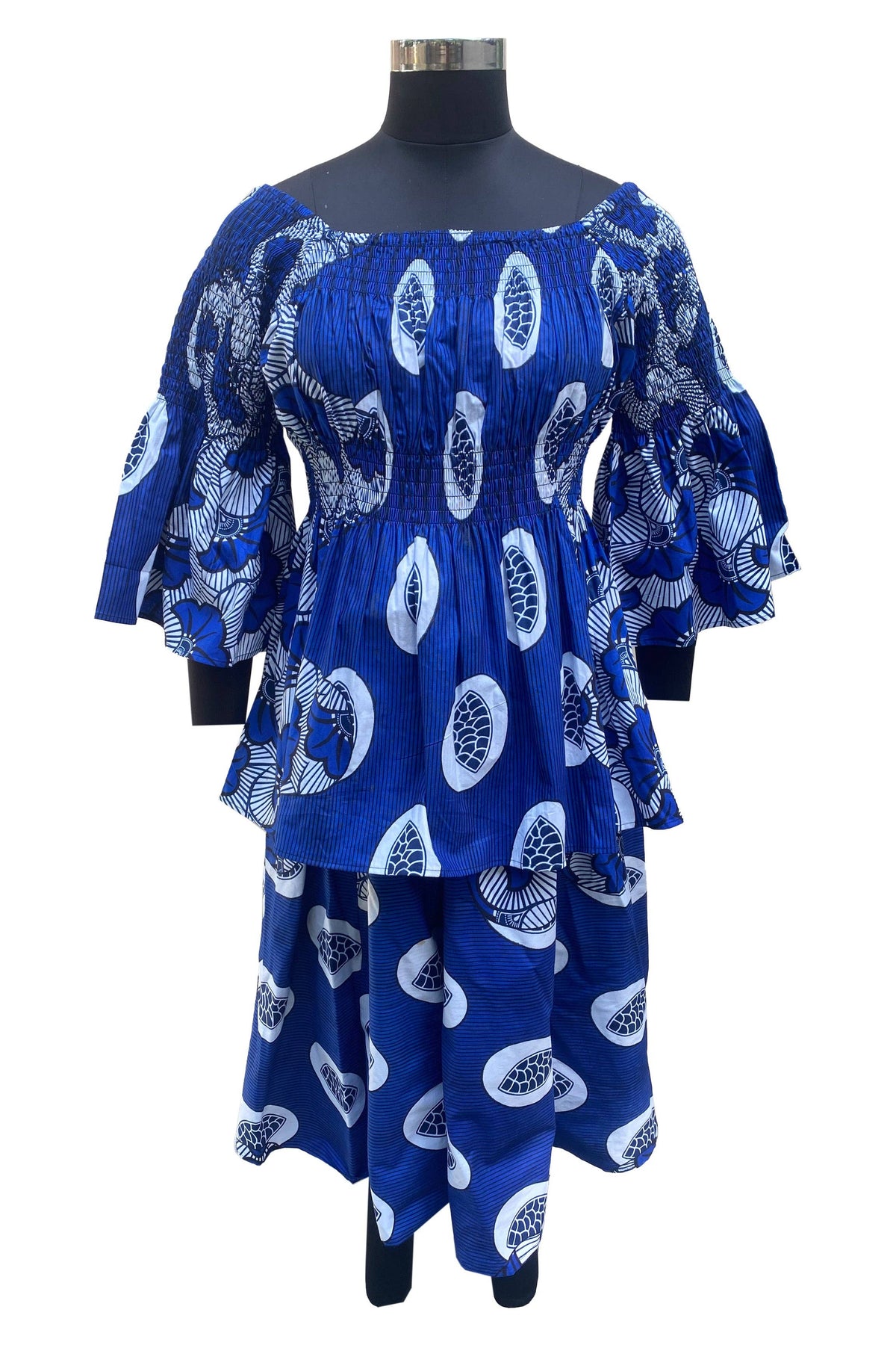 African Print Mid length Skirt & Smocked Peplum Blouse Separates | One Size