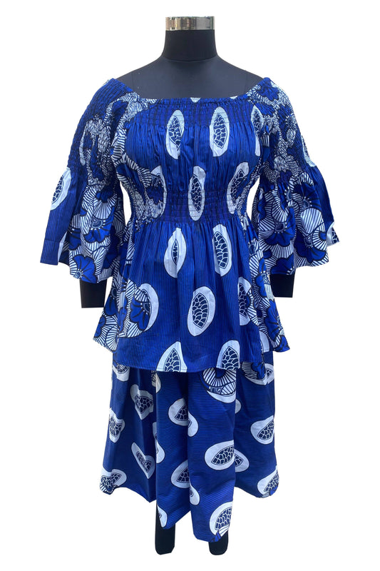 African Print Mid length Skirt & Smocked Peplum Blouse Separates | One Size