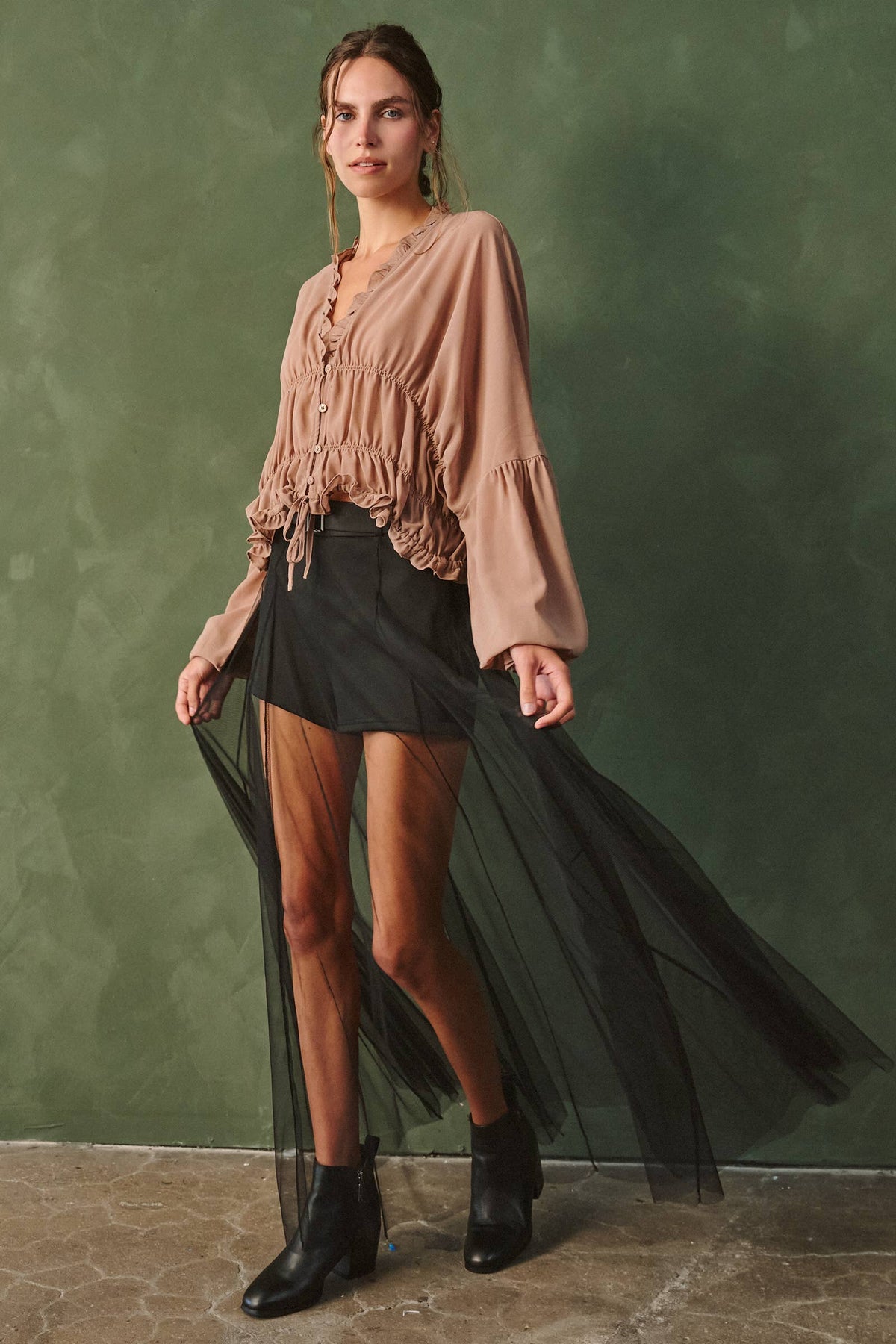 Belted Mesh Overlay Maxi Skirt Shorts