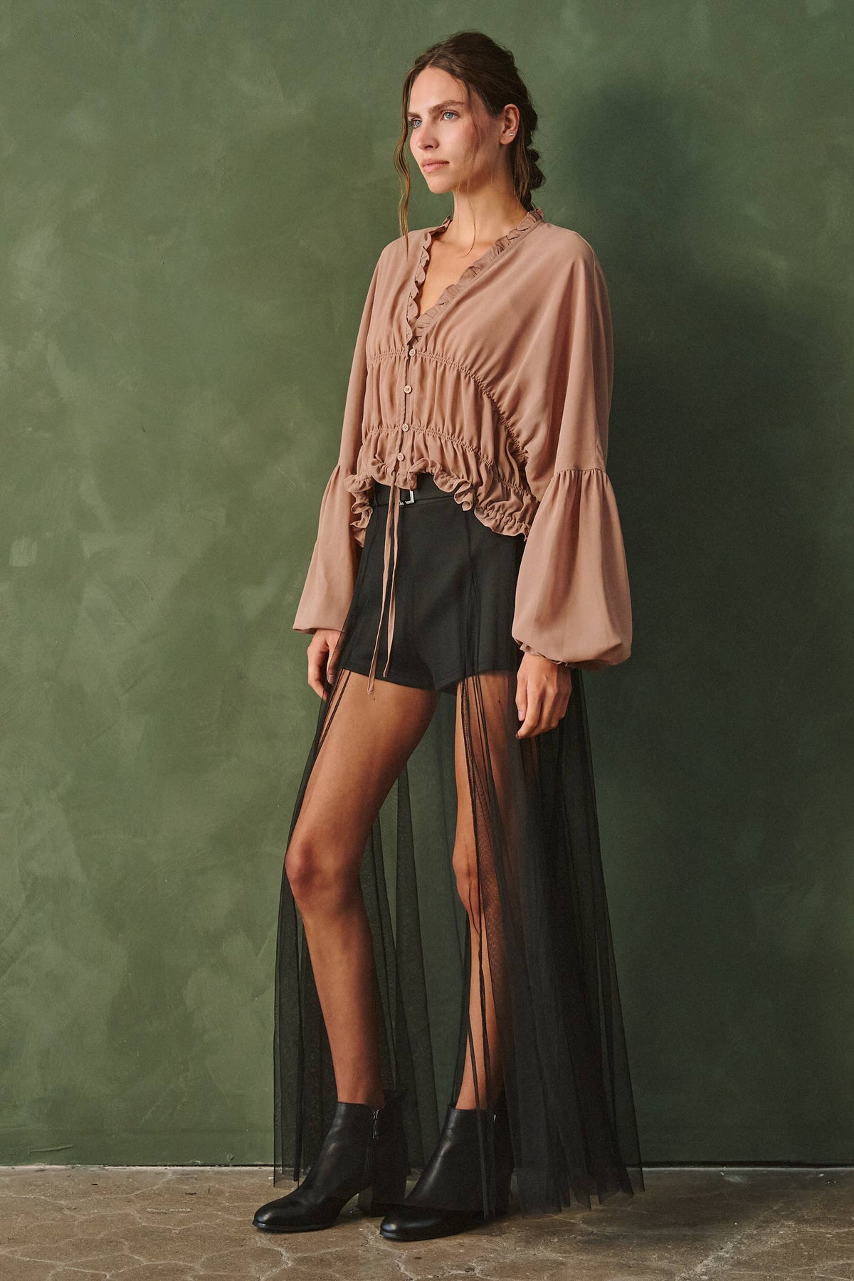 Belted Mesh Overlay Maxi Skirt Shorts