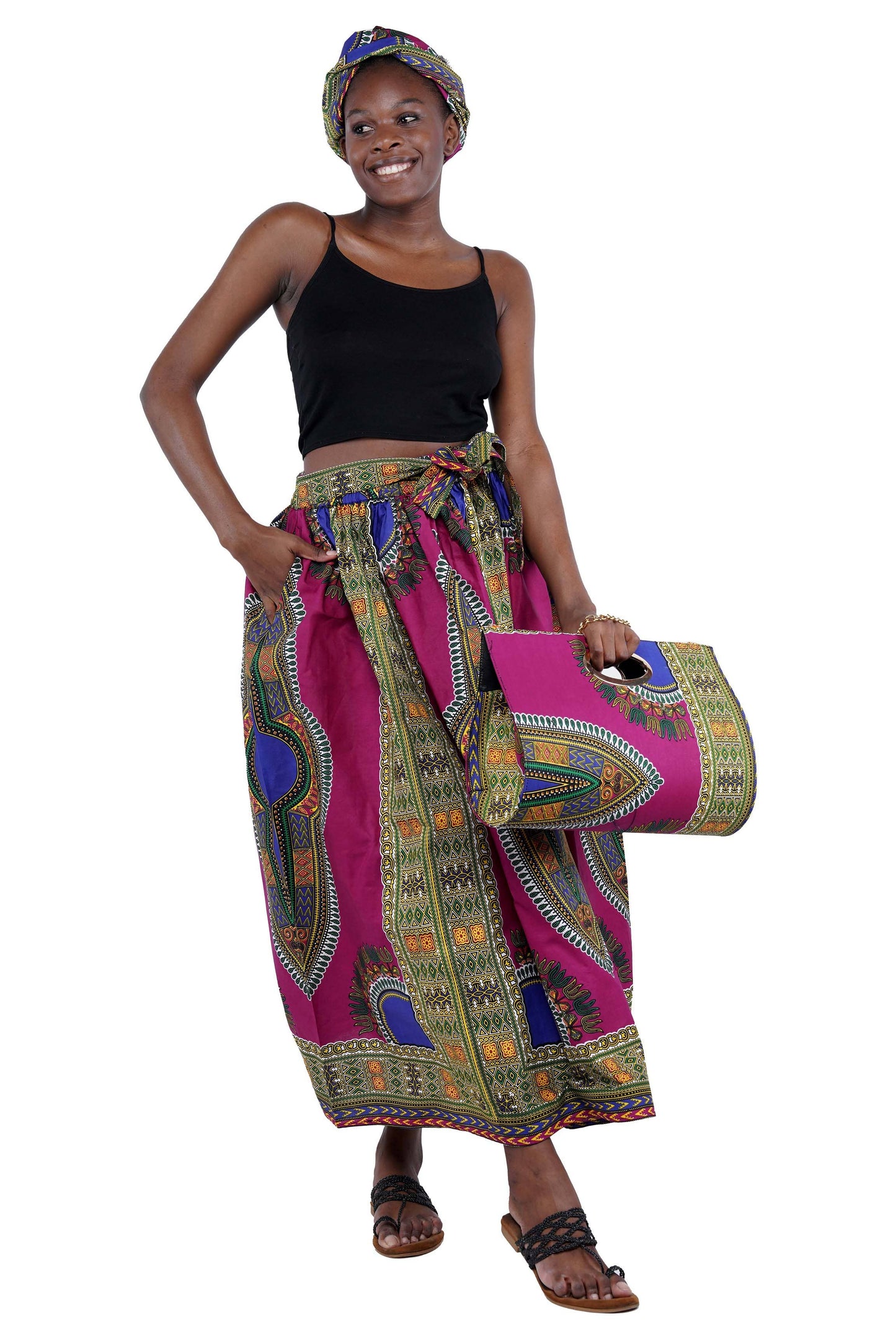 Purple Dashiki Long Maxi Skirt, Handbag and Headwrap Set