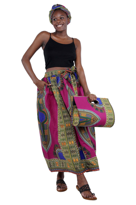 Purple Dashiki Long Maxi Skirt, Handbag and Headwrap Set