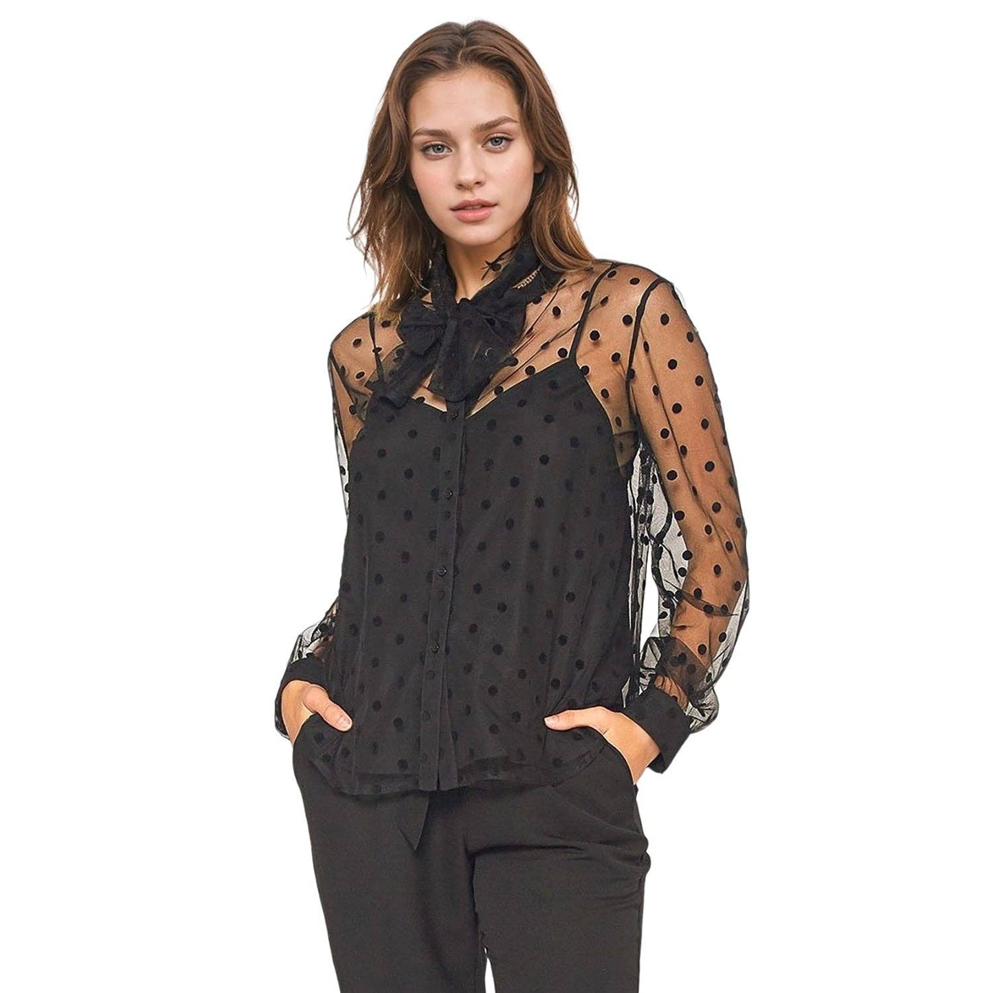 Black Polka Dot Mesh Blouse With Cami