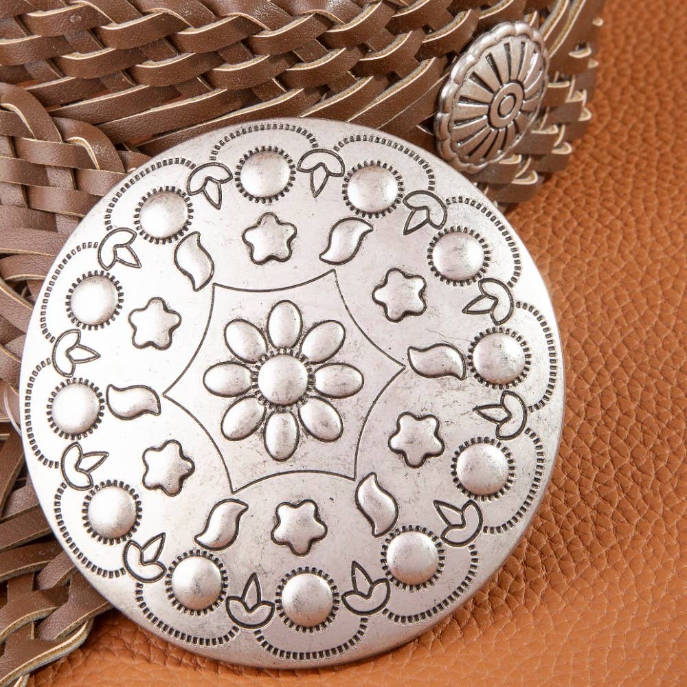 Brown Braided Vegan Leather Floral Concho Belt