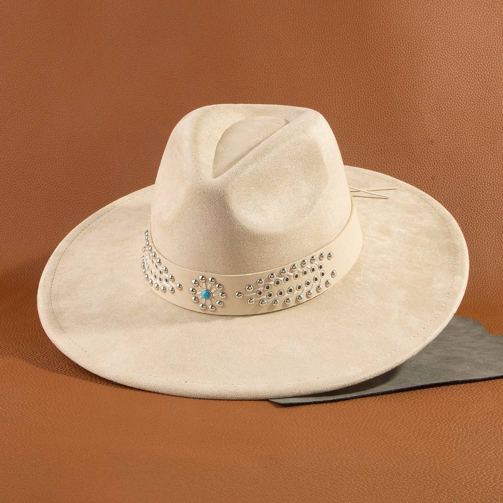Ivory Western Studded Strap Faux Suede Fedora Hat