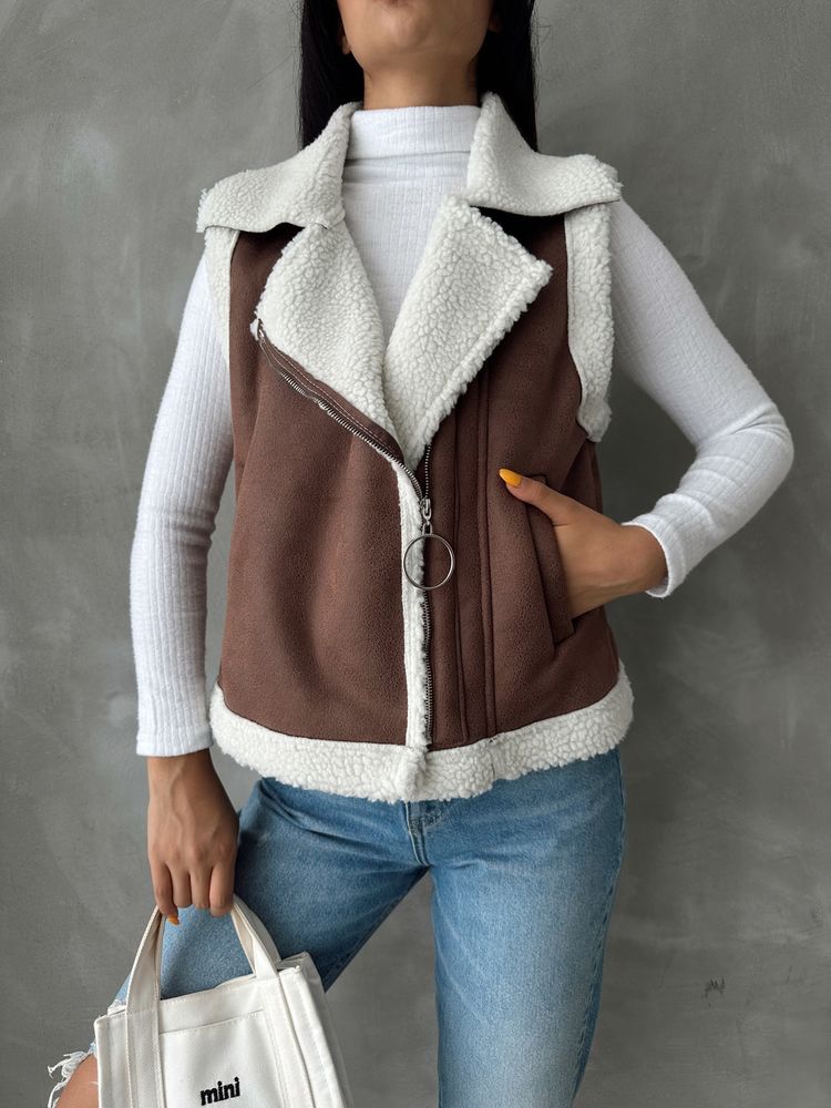 Brown Faux Suede Fur Collar Vest