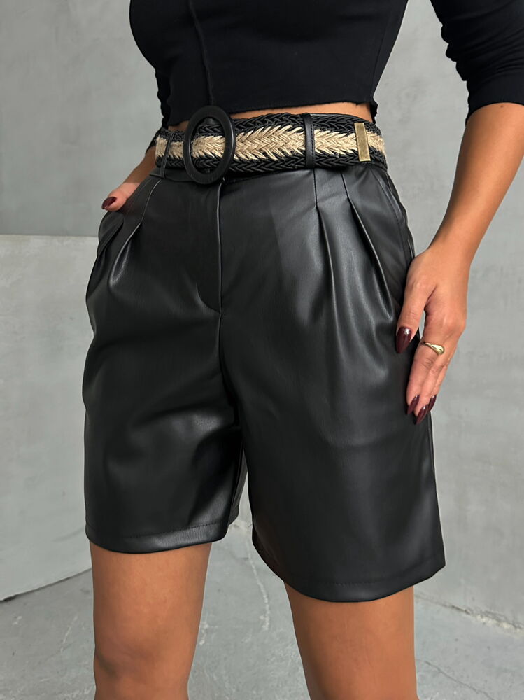 Black Belted Vegan Leather Shorts