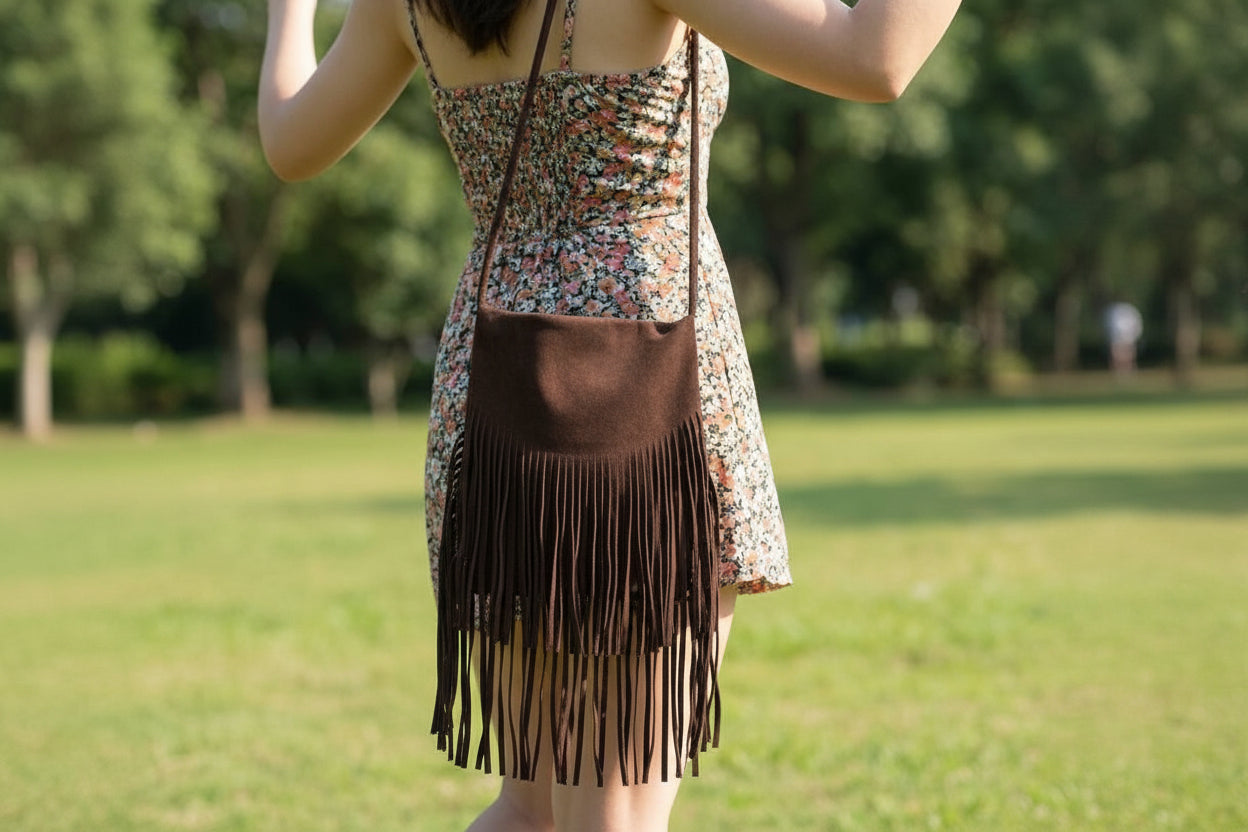 Faux Suede Long Fringe Rectangle Hand Bag
