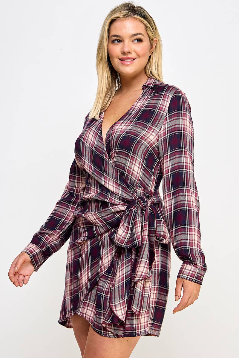 Plus Long Sleeve Plaid Side Tie Dress