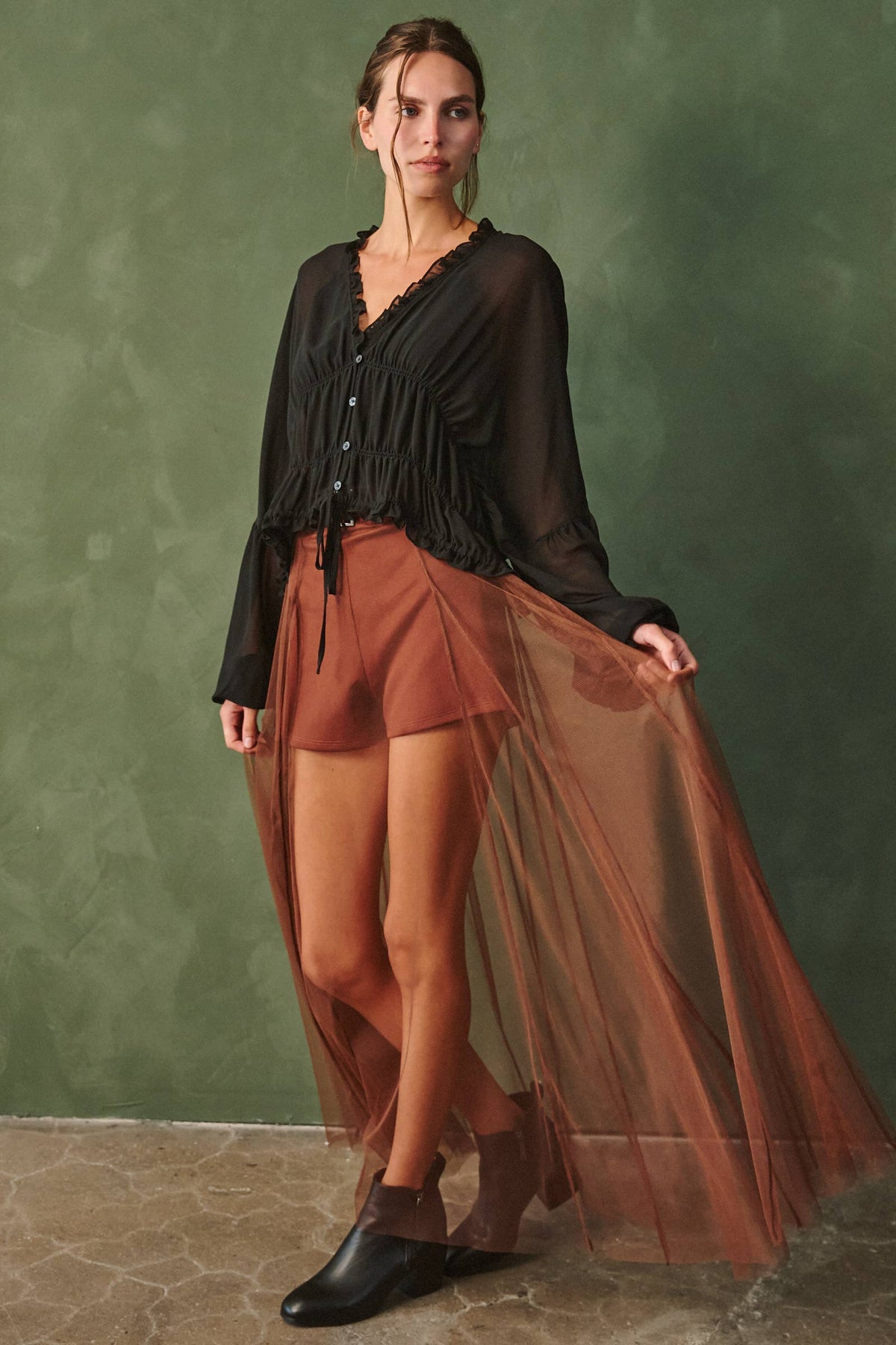 Belted Mesh Overlay Maxi Skirt Shorts