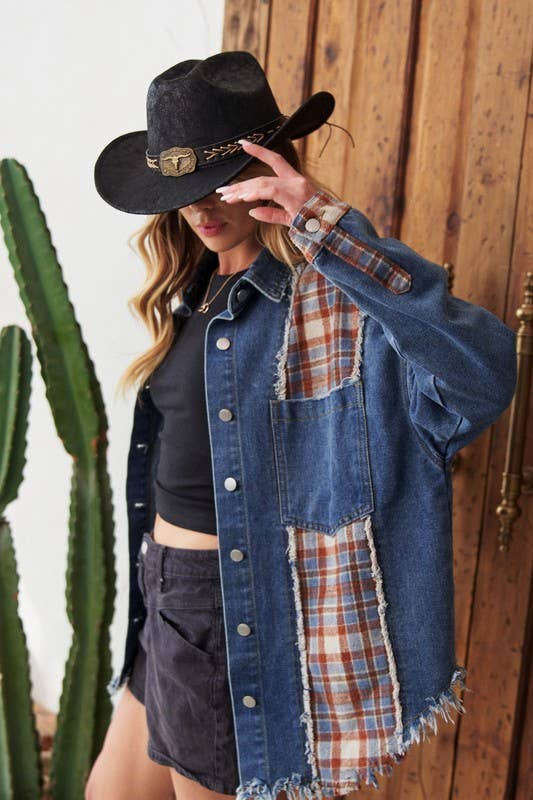 Denim and Plaid Color Block Jacket