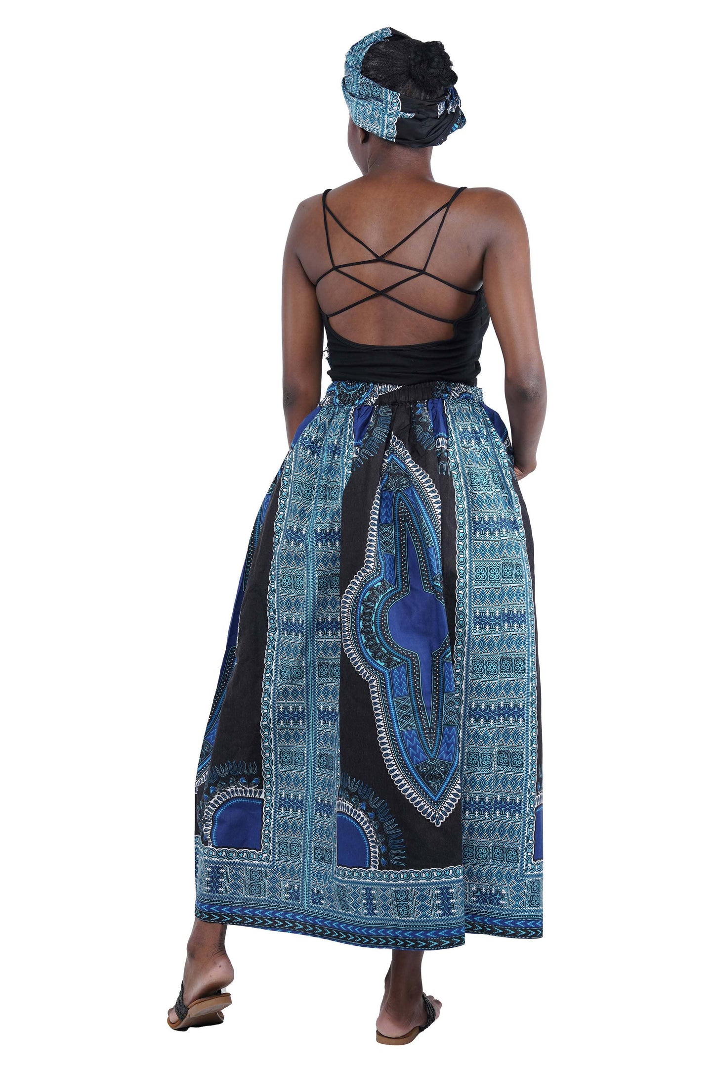 Black Blue Dashiki Long Maxi Skirt, Handbag and Headwrap Set