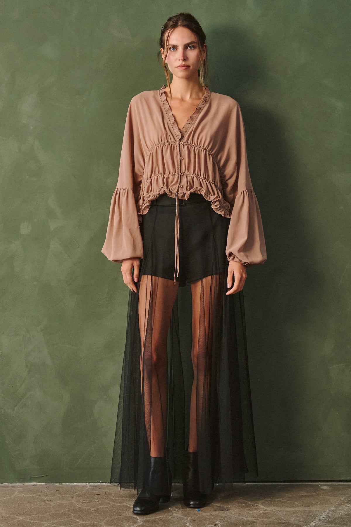 Belted Mesh Overlay Maxi Skirt Shorts