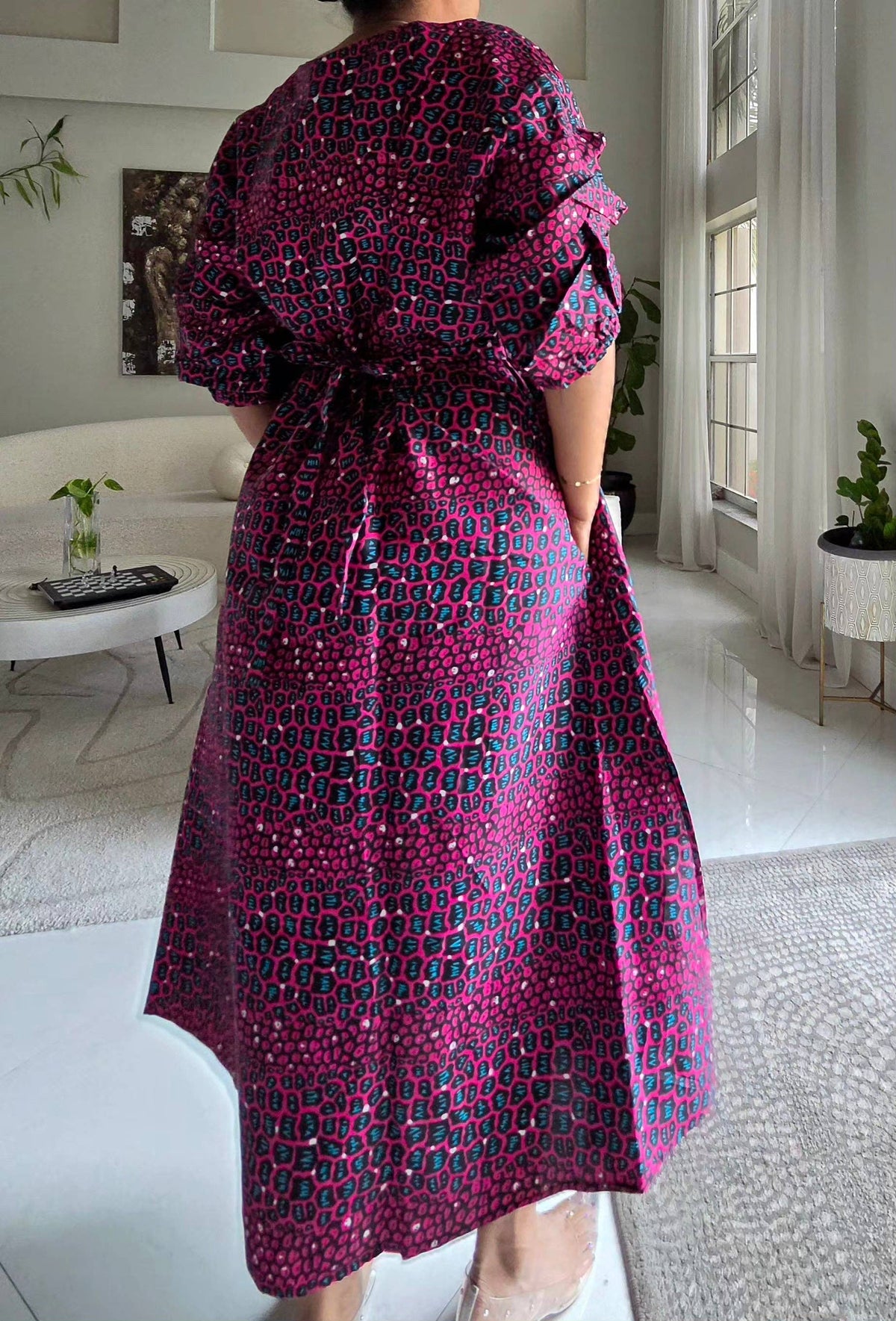 Wrap Dress With Puffed Sleeves Alligator Print