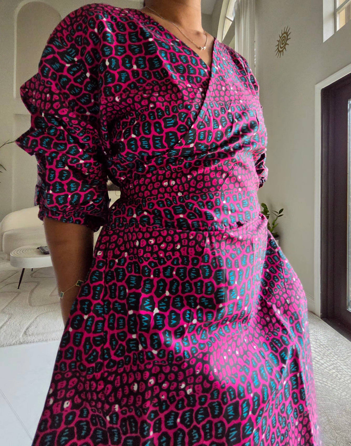 Wrap Dress With Puffed Sleeves Alligator Print