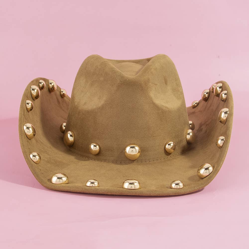 Gold Studded Brim Faux Suede Cowboy Hat