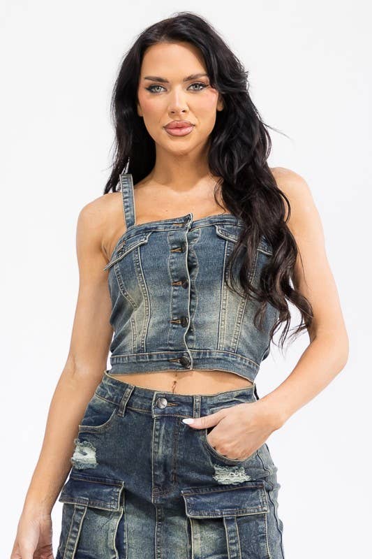 Denim Corset Cropped Tops Adjust Strap