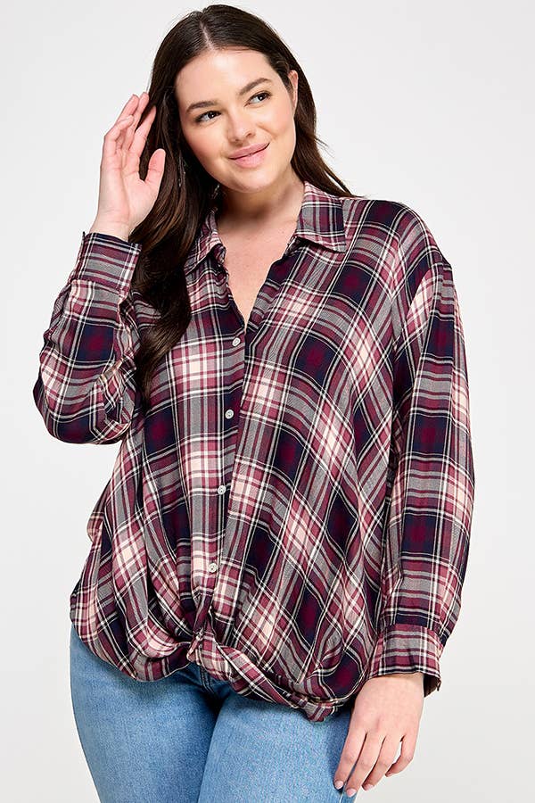 Plus Plaid Draped Button Down Top