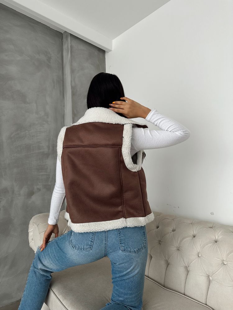 Brown Faux Suede Fur Collar Vest