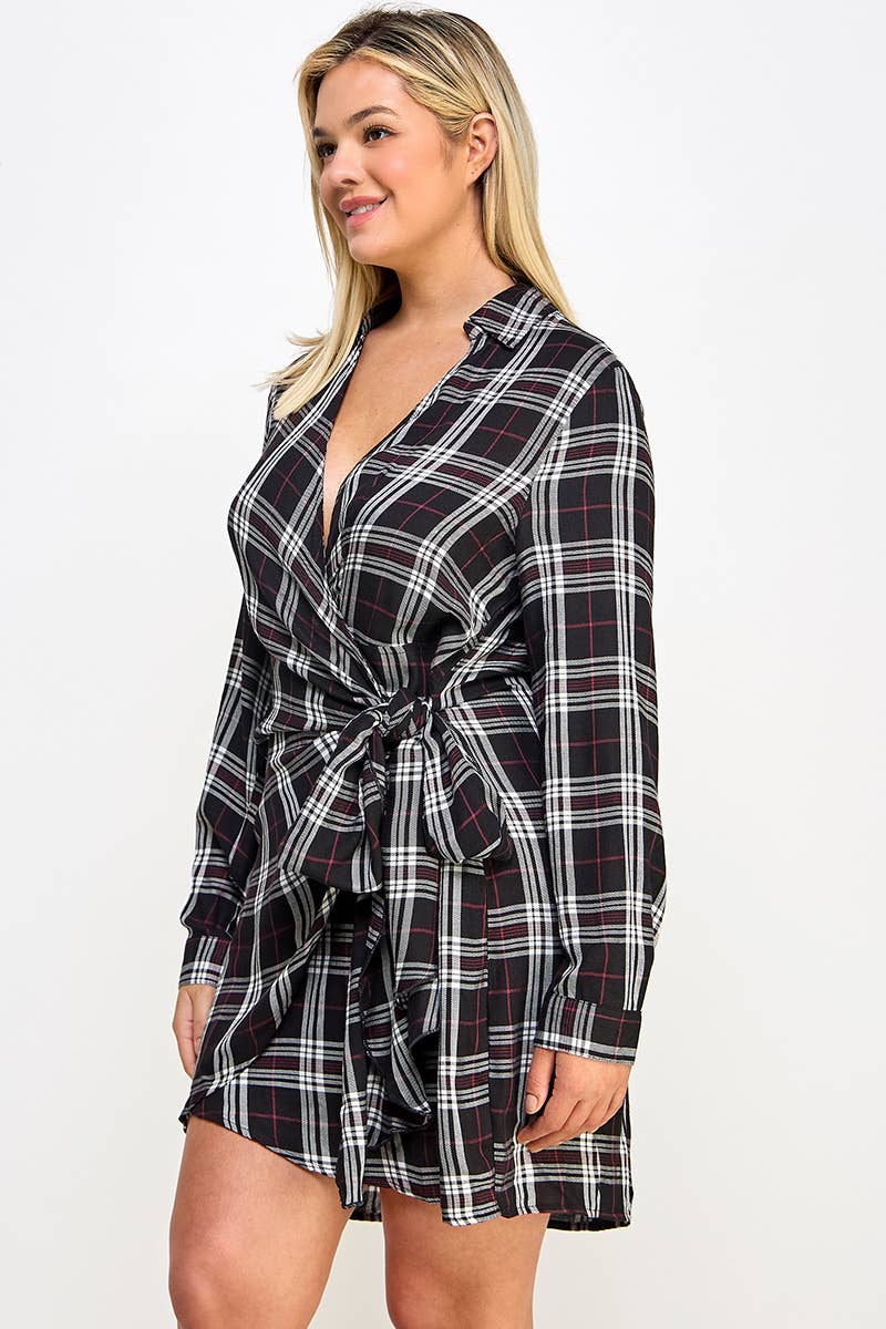 Plus Long Sleeve Plaid Side Tie Dress