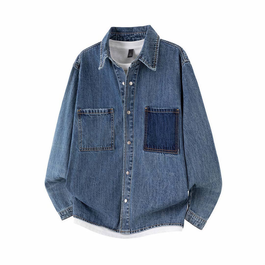 Men's Two-Tone Patch Pocket Denim Button Up Shirt