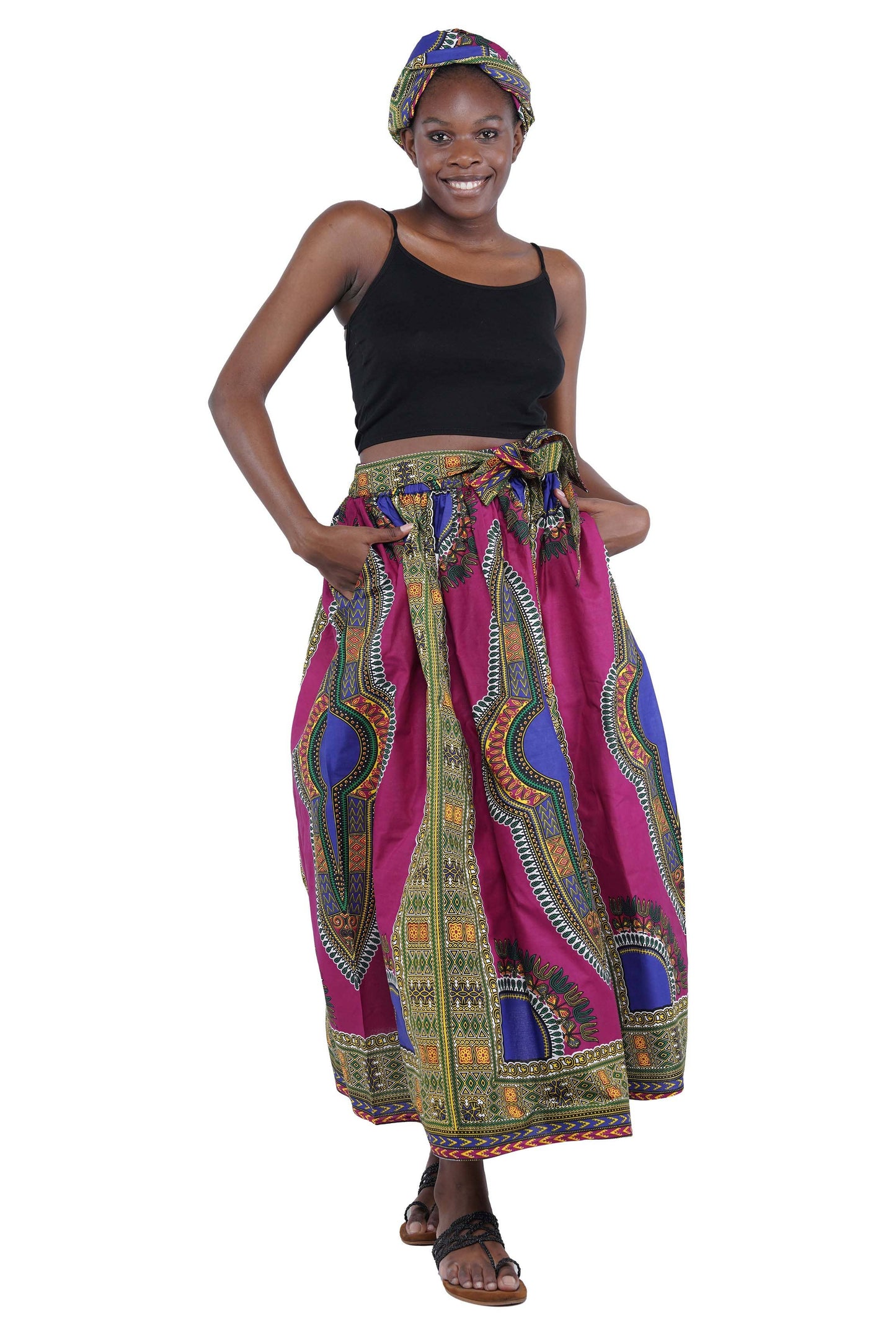 Purple Dashiki Long Maxi Skirt, Handbag and Headwrap Set