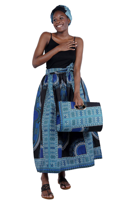 Black Blue Dashiki Long Maxi Skirt, Handbag and Headwrap Set