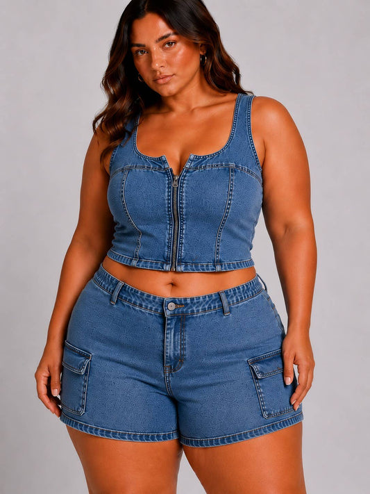 Plus size sexy set denim short and crop top