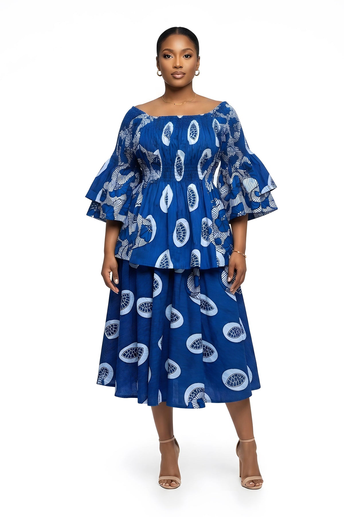 African Print Mid length Skirt & Smocked Peplum Blouse Separates | One Size