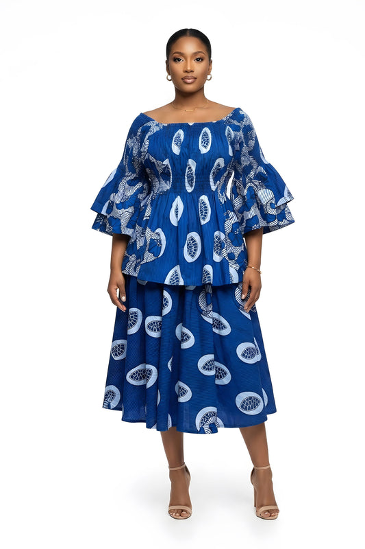 African Print Mid length Skirt & Smocked Peplum Blouse Separates | One Size