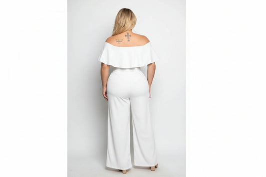 White Off Shoulder Flounce Jumpsuit