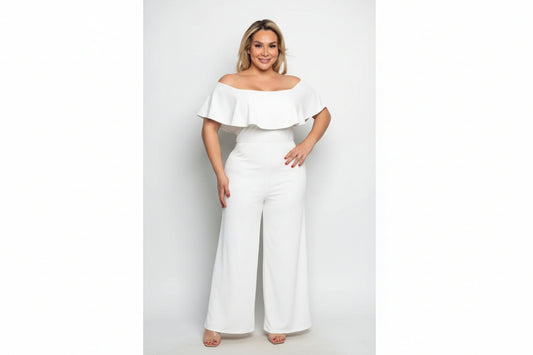 White Off Shoulder Flounce Jumpsuit